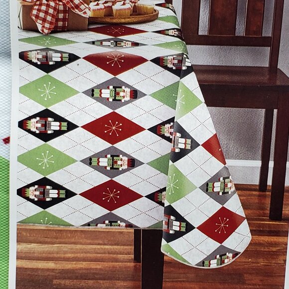60" x 84" Vinyl Tablecloth Nutcracker Argyle Christmas Rectangle Holiday Time - Picture 2 of 7
